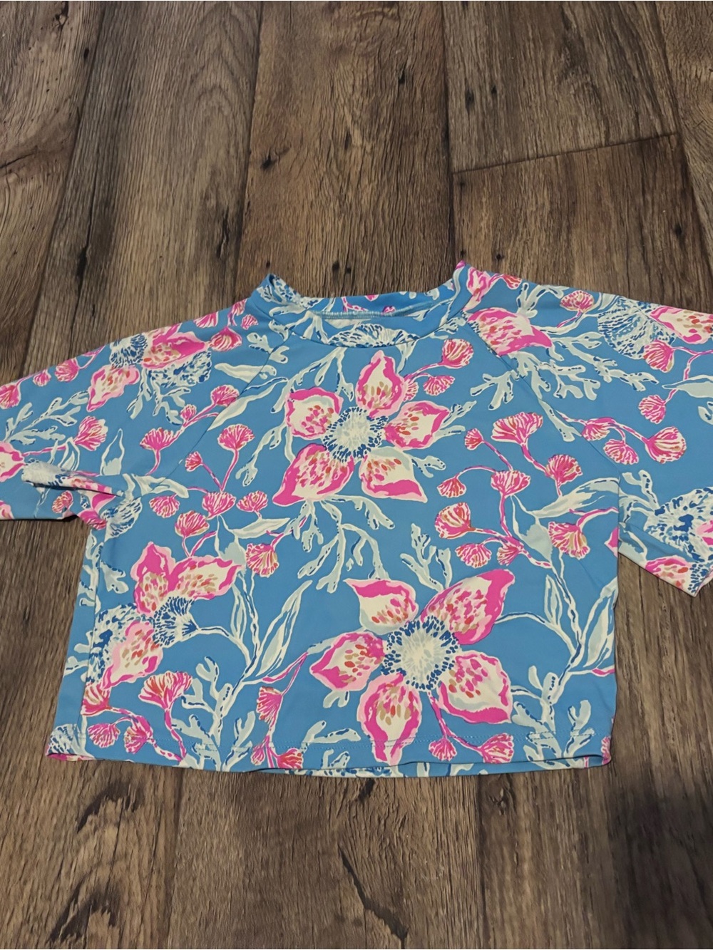 Girls Blue Floral Crop Top SWIM Top - Pink & White Flowers